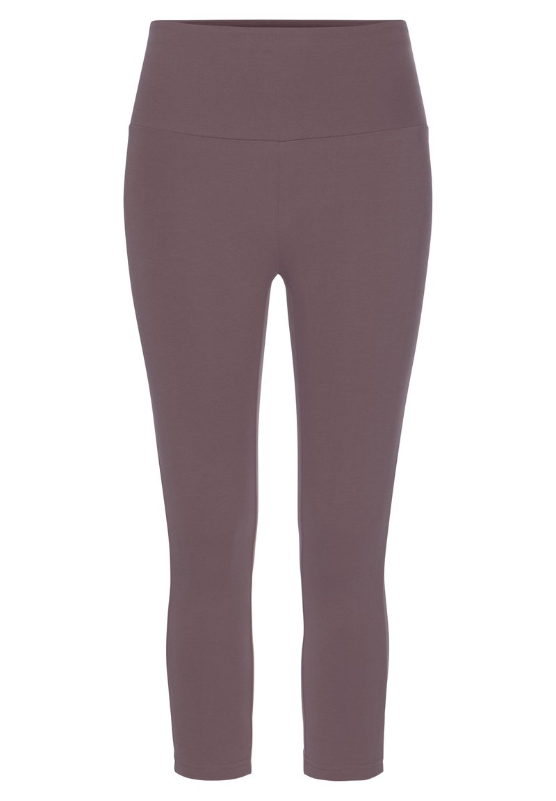 Capri-legging in gedempt mauve, gemaakt van rekbare stof met een hoge tailleband, voorzien van een gladde, zachte textuur en zonder zichtbare naden.