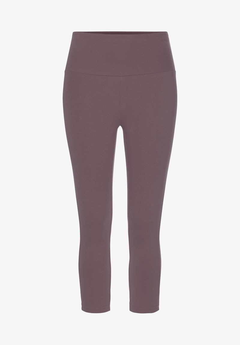Leggings Capri en mauve atténué, fabriqués dans un tissu extensible avec une taille haute, offrant une texture lisse et douce sans coutures visibles.