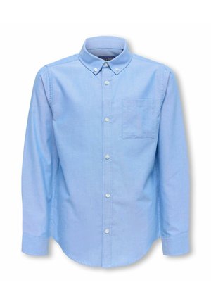 Light blue long-sleeve button-down shirt with buttoned collar and chest pocket, displayed on a white background.