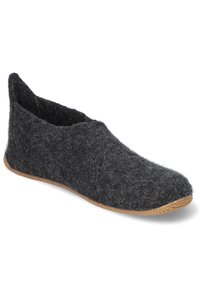 Wollen vilt slipper in donkergrijs met een naadloos, afgerond te ontwerp en een gestructureerde bovenkant; voorzien van een beige rubberen zool voor grip.