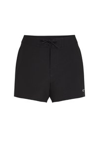 Sorte svømshorts laget av lett materiale, med snøring i livet, rett snitt og en subtil logo på siden.