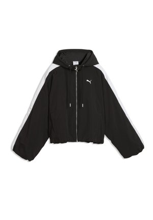 Schwarze Puma Jacke mit Reißverschluss, weißen Streifen an den Ärmeln, Kordelzugkapuze und elastischem Saum, flach auf weißem Hintergrund liegend.