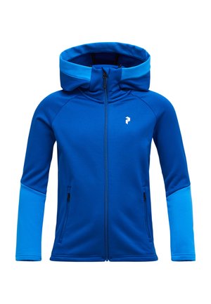 Blauwe capuchonjas met ritssluiting aan de voorkant, contrasterende lichtblauwe mouwen, zijzakken en een logo op de borst. Zachte, gladde stoftextuur.