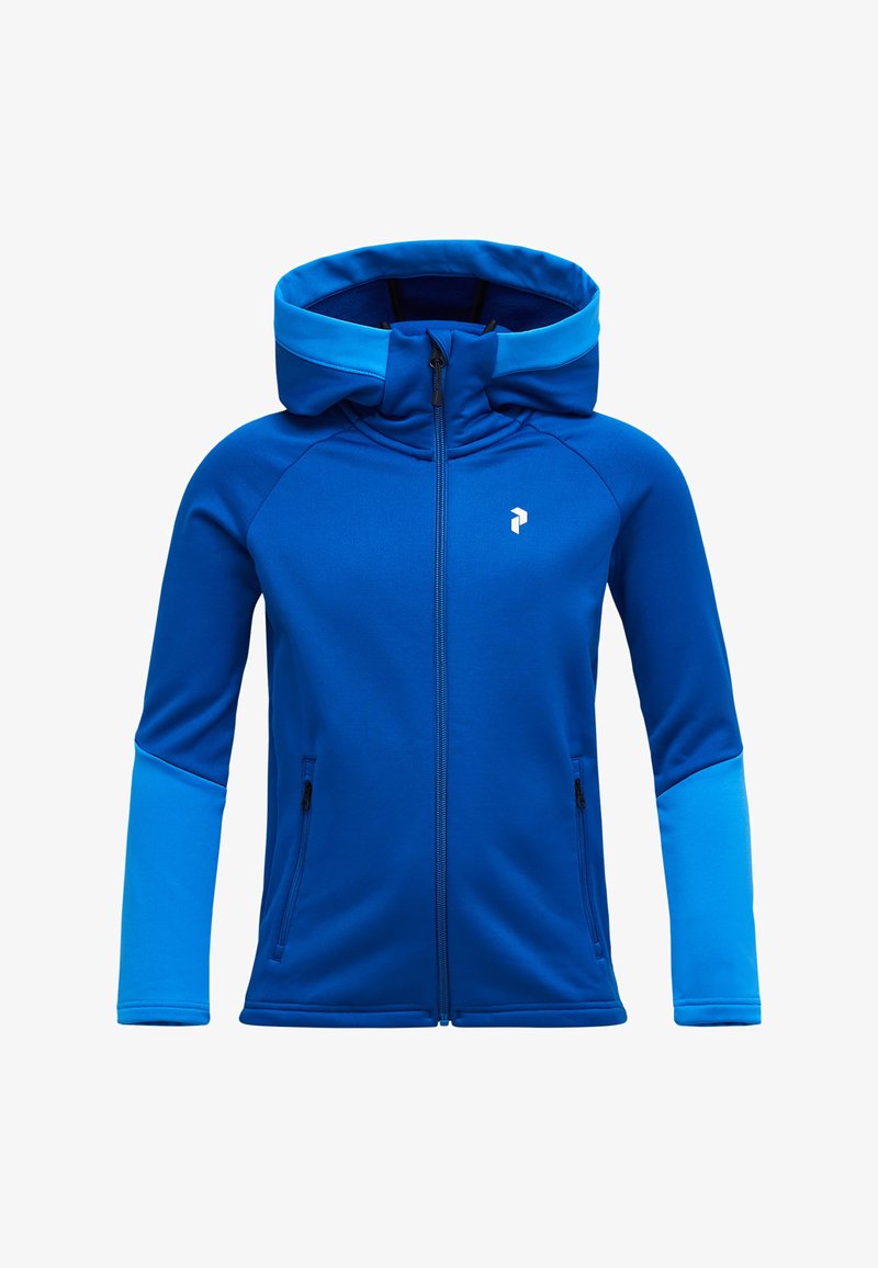 Veste à capuche bleue avec fermeture éclair avant, manches bleu clair contrastantes, poches latérales et logo sur la poitrine. Tissu doux et lisse.