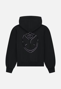 Schwarzer Hoodie mit einem großen, stilisierten Emblem auf der Rückseite in weißen und lila Linien, mit einer Kordelzugkapuze und gerippten Bündchen.