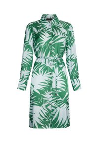 Abito button-up verde e bianco caratterizzato da un motivo a foglia di palma, maniche lunghe, vita con cintura e colletto. Tessuto dalla finitura liscia.