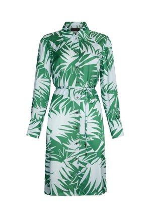 Abito button-up verde e bianco caratterizzato da un motivo a foglia di palma, maniche lunghe, vita con cintura e colletto. Tessuto dalla finitura liscia.