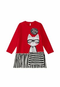Langes rotes Kleid mit langen Ärmeln, das ein graues Katzenmotiv, eine glitzernde Sprechblase und einen schwarz-weißen gestreiften Rüschensaum mit Tasche aufweist.