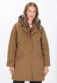Bruine geïsoleerde parka met een grijs gevoerde capuchon, voorzakken, drukknoopsluiting en een relaxte pasvorm. Soepele textuur.