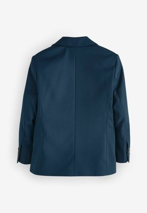 Námořnický blejzr se strukturovaným designem, vybavený jedním rozparkem vzadu, klopovými límci a knoflíkovými detaily na rukávech. Hladká textilie.