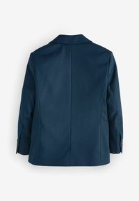 Marineblå blazer vist bagfra med lange ærmer, notch-krave og tre knapper på hver manchet.