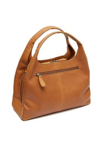 Sac à main en cuir tan de forme arrondie, avec deux courtes anses, poche zippée à l'avant et un minimalisme dans les détails de couture. Texture lisse.