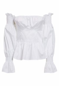 Biała bluzka typu off-the-shoulder z bufkowymi rękawami, marszczeniem na ramionach i rozkloszowanym dołem peplum. Gładki materiał bawełniany.