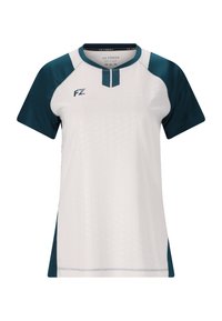 Vit sporttröja med turkosa detaljer, korta ärmar, rund halsringning och strukturerad mönster på framsidan; tillverkad av andningsbart tyg.