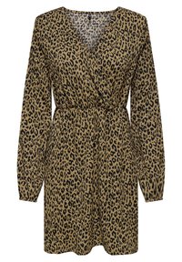 Hnedé šaty s čiernym leopardím vzorom, dlhé rukávy, výstrih do V a pásik na stiahnutie pre nastaviteľné prispôsobenie. Mäkká, textúrovaná tkanina.