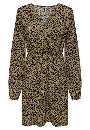Vestido castanho com padrão de leopardo preto, mangas compridas, decote em V e uma cintura com cordão para ajuste. Tecido suave e texturizado.