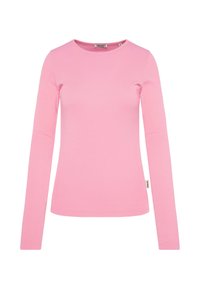 Langärmliges, figurbetontes Hemd aus einfarbigem Baumwollstoff in Pink. Verfügt über einen runden Halsausschnitt und eine gerippte Textur, mit einem kleinen Markenlabel an der Seite.