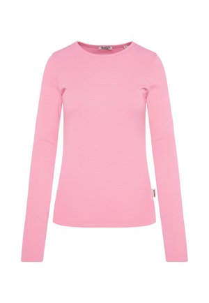 Long-sleeve, fitted shirt in solid pink cotton. Features a round neckline and ribbed texture, with a small brand label on the side.