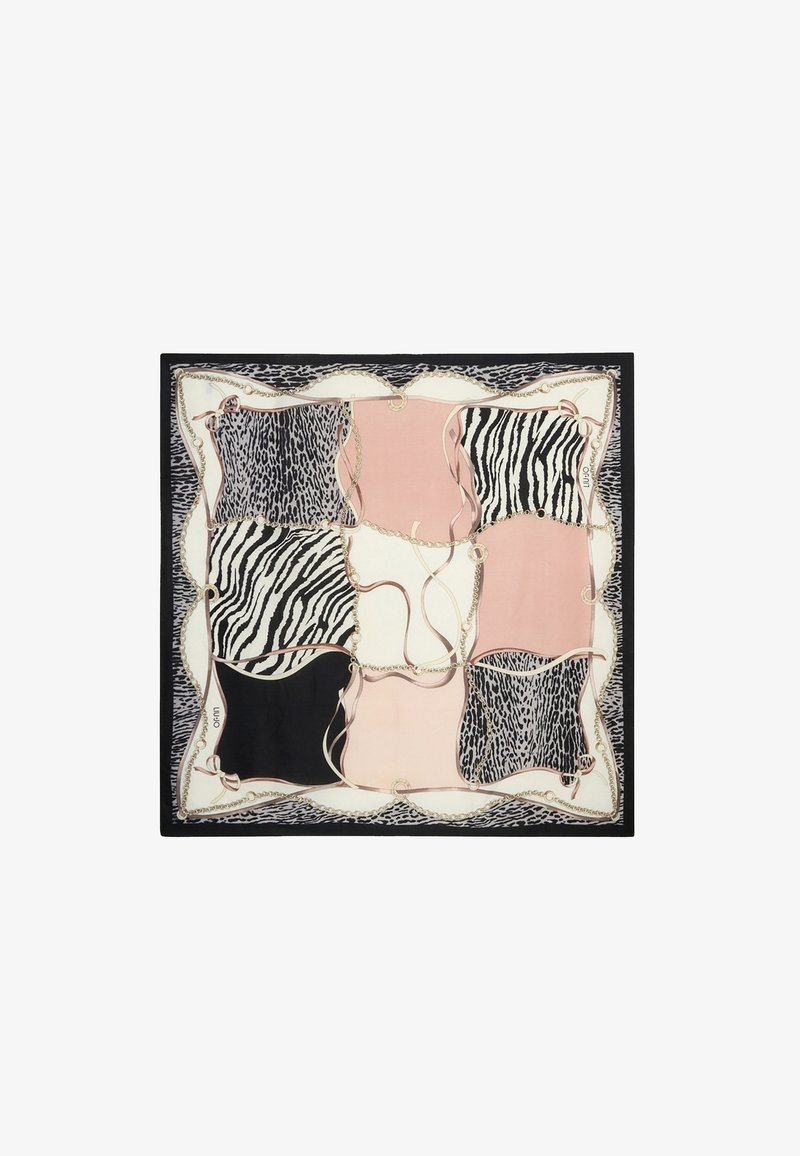 Écharpe en soie avec un design en patchwork de motifs rose, noir, crème, zèbre et léopard, décorée de motifs de chaînes dorées et de rubans.
