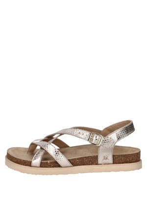 Dameszandalen in metallic zilver met gekruiste bandjes, verstelbare gesp, kurken voetbed en beige zool.