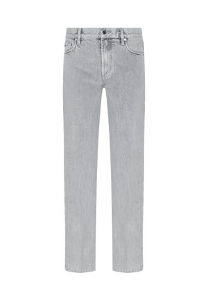 Jeans in denim grigio chiaro con design a gamba dritta, stile a cinque tasche e chiusura con bottoni. Leggera sbiaditura e dettagli di texture sottili.
