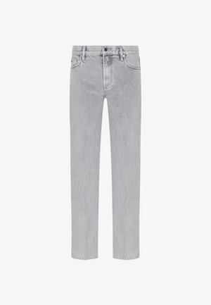 Jeans in denim grigio chiaro con design a gamba dritta, stile a cinque tasche e chiusura con bottoni. Leggera sbiaditura e dettagli di texture sottili.