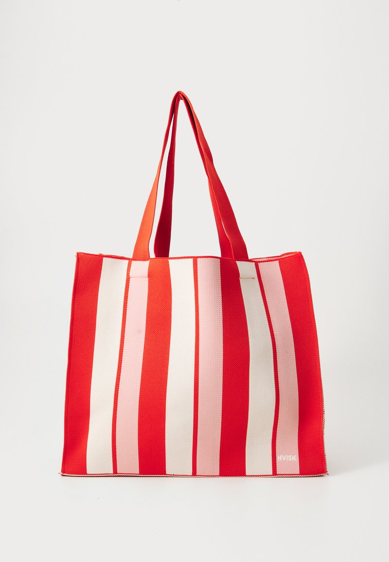 Red and pink striped tote bag made of durable fabric, featuring two sturdy handles and a logo on the lower right corner.