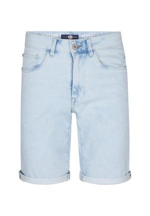 Pantalones cortos de mezclilla azul claro con puños doblados, con cierre frontal de botones, bolsillos y un lavado desteñido. Fabricados con un material suave de algodón.