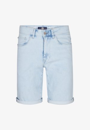 Pantalones cortos de mezclilla azul claro con puños doblados, con cierre frontal de botones, bolsillos y un lavado desteñido. Fabricados con un material suave de algodón.
