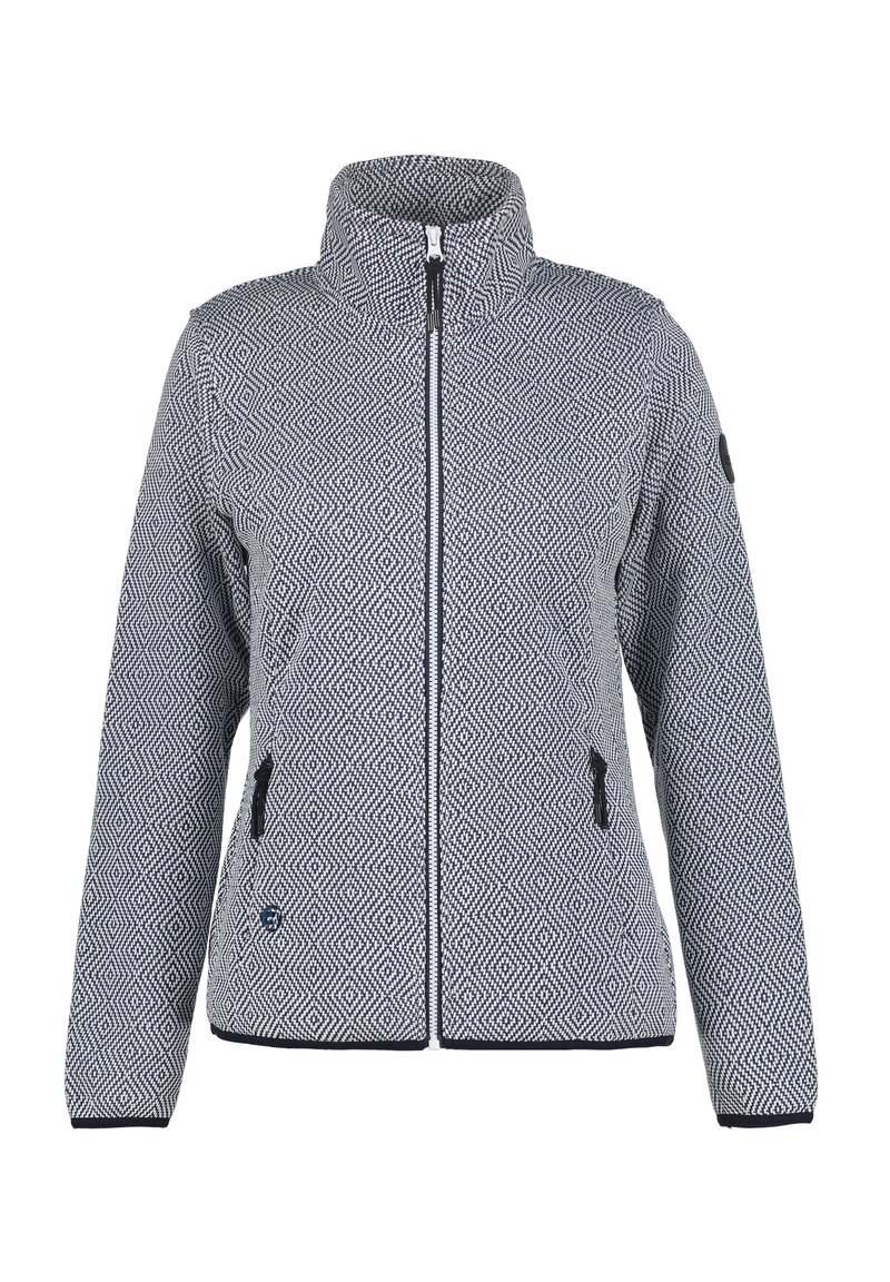 Fleecejack met een geometrisch ruitpatroon in navy en wit, hoge kraag, voorrits en twee ritssluitingen zijzakken.