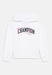 Λευκή φόρμα με κουκούλα που διαθέτει ένα μαύρο και ροζ γραφικό "CHAMPION" με πινελιές από φοίνικες και άνετη εφαρμογή. Μαλακό υλικό από μίγμα βαμβακιού.