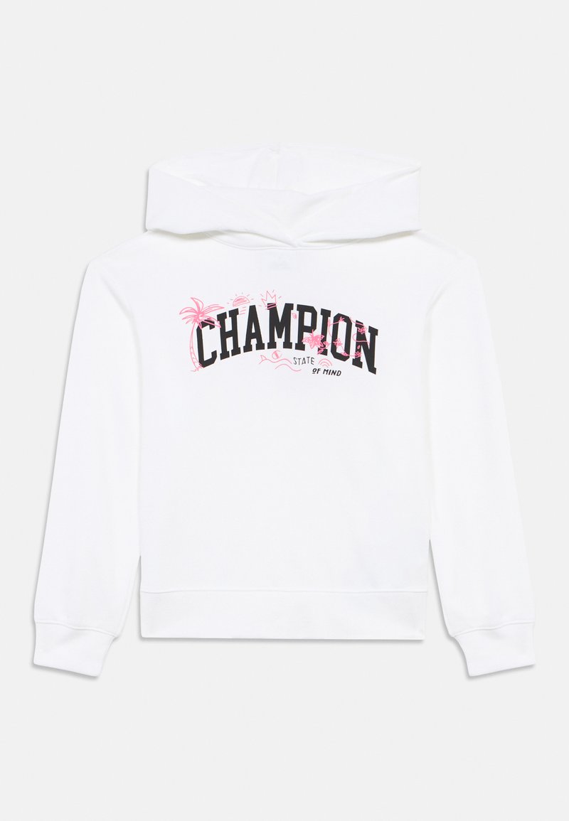 Λευκή φόρμα με κουκούλα που διαθέτει ένα μαύρο και ροζ γραφικό "CHAMPION" με πινελιές από φοίνικες και άνετη εφαρμογή. Μαλακό υλικό από μίγμα βαμβακιού.