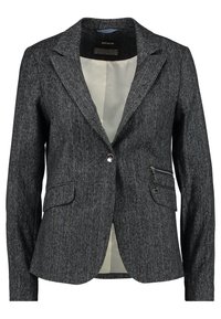 Tmavě šedý blazer s texturovanou látkou, zapínání na jeden knoflík, dvě přední kapsy a hladká, světlá podšívka.