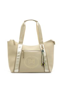 Borsa tote beige realizzata in materiale sintetico testurizzato, con tasca frontale con zip, nappina decorativa e logo impresso sulla parte anteriore.