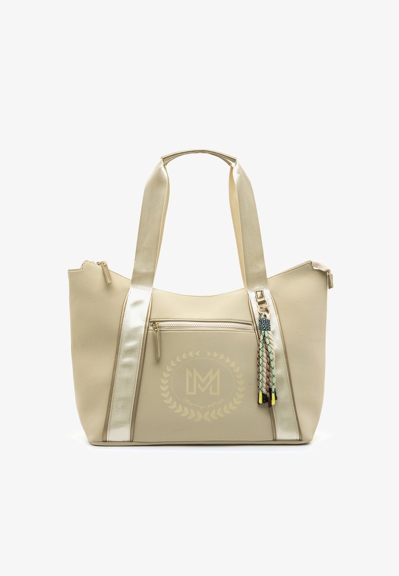 Borsa tote beige realizzata in materiale sintetico testurizzato, con tasca frontale con zip, nappina decorativa e logo impresso sulla parte anteriore.