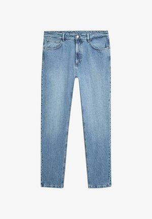 Lyseblå denimjeans med lommer foran og bagpå, knaplukning og lige ben, på en hvid baggrund.