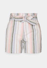 Proužkované šortky s volným střihem, elastickým pasem s páskem na zavázání, vyrobené z měkké látky v pastelových barvách: růžová, modrá, zelená a béžová.