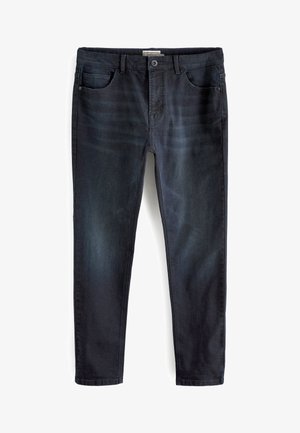 Mørk denim jeans med slim fit, der har fem lommer, subtil fading, lynlås og bæltestropper i taljen. Stoffet har en glat tekstur.