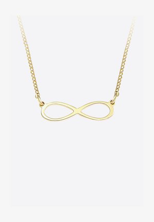 Goldene Halskette mit einem Anhänger im Unendlichkeitssymbol, mit glatter Oberfläche, aufgehängt an einer dünnen Kette.