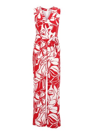 Rot-weißer Blumen-Overall mit Wickeldesign, tiefem V-Ausschnitt, ärmellosem Schnitt und einem Bindegürtel in der Taille, der eine weite Beinlinie aufweist.