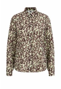 Blommig långärmad skjorta med knappar i brun, krämfärgad och grön. Har en krage, fickor och en lös passform med en texturerad tyg.