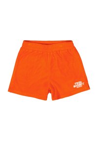 Oranje shorts van zacht materiaal met een elastische tailleband. Bevat witte tekst "PINK SUNSET GARCIA" aan de onderzijde rechts.