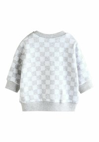 Grå sweater med ternet mønster, rund hals, lange ærmer og ribbede manchetter. Lavet af et blødt, struktureret stof.