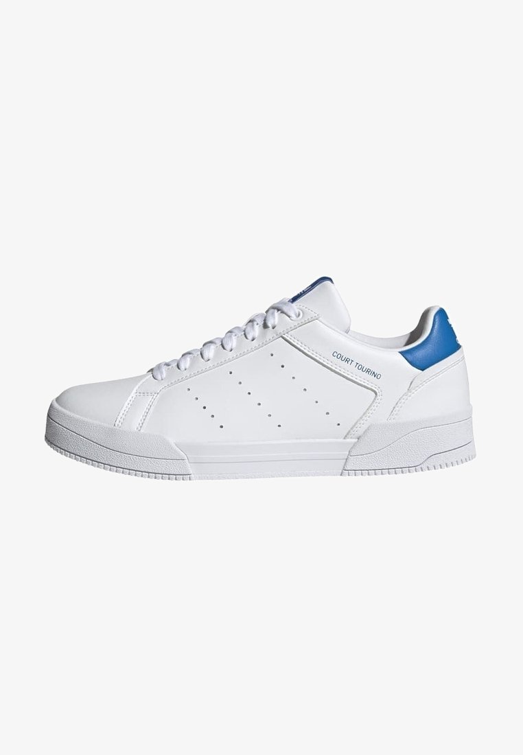 White leather sneakers with perforated detailing, blue heel accent, flat sole, and lace-up closure. Simple design with minimal branding.
