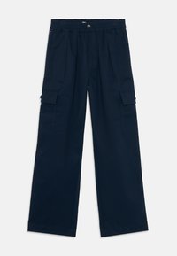 Navy blauwe cargobroek met geplooide voorkant, elastische tailleband en twee zijzakken. Gemaakt van lichte stof, met een rechte pijpdesign.