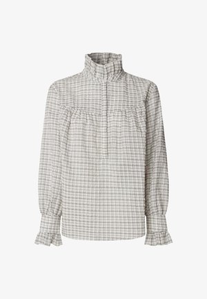 Lichtgewicht blouse met kraag in een geruit grijs-wit patroon. Voorzien van gerafelde manchetten en een geplooide schouderpartij voor een comfortabele pasvorm.
