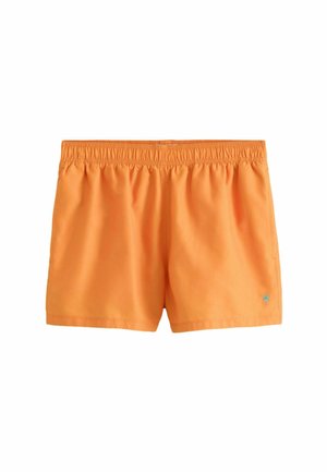 Orange elastiske badeshorts med lille blåt palmetræslogo på venstre nederste ben og sidelommer.