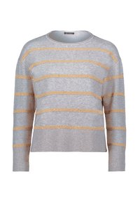 Hellgrauer Strickpullover mit horizontalen beigen Streifen und dezenten Pailletten, mit Rundhalsausschnitt sowie gerippten Bündchen und Saum.