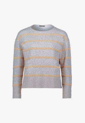 Maglione in maglia grigio chiaro con righe orizzontali beige e sottili paillettes, dotato di scollatura rotonda e polsini e orlo a coste.