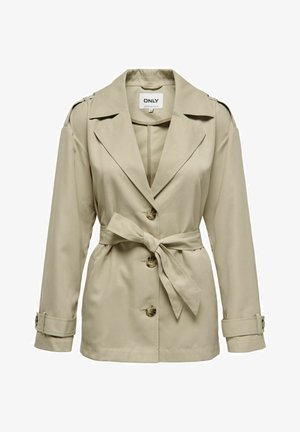 Beige trenchcoat met een riem, met een dubbelbrede ontwerp, grote revers en knoopmanchetten. Gemaakt van gladde, lichte stof.